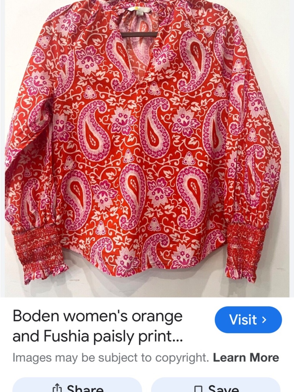 Boden Orange and Fuchsia Paisley V-Neck Blouse